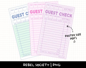 Blank Guest Check Poster Size PDF/PNG Printable Trendy PNG Designs Retro Restaurant Guest Check Receipt 12&quot; across Scrapbooking Journaling