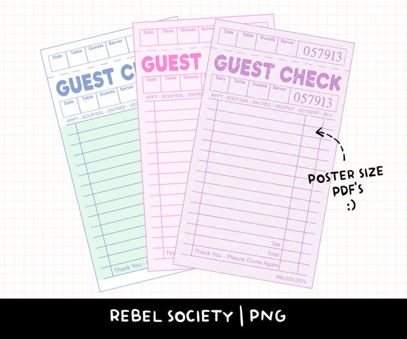 Blank Guest Check Poster Size PDF/PNG Printable Trendy PNG Designs Retro Restaurant Guest Check Receipt 12" across Scrapbooking Journaling