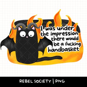 Könnte beinhalten: Ein schwarzes Kätzchen mit Fledermausflügeln und Hörnern, umgeben von Flammen. Der Text lautet: "I was under the impression there would be a fucking handbasket."
