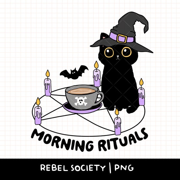 Morning Rituals PNG Spooky Pastel Goth Pentagram Pentacle Witchy Witch Sublimation, Black Cat Bats Bat Halloween Witchcraft Spooky Season