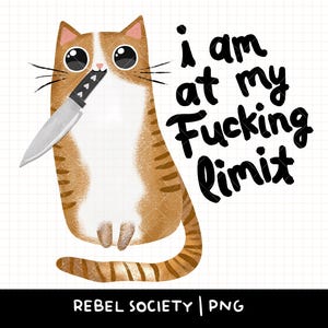 Chat avec un couteau PNG Spoonie Designs Mignon chat tendance PNG Santé mentale Kitty Cat Fatigué Introvert Anxiété Je déteste les gens Maman de chat, amoureux des chats