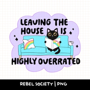Sortir de la maison est surfait PNG à la mode PNG Filles chaudes lisent charbon lecture PNG livre ballot introverti autocollant design de t-shirt mignon chat noir