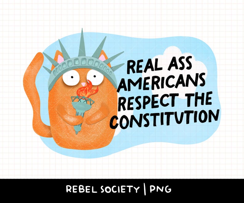 Op de afbeelding: Oranje cartoonkat met een blauwe kroon van het Vrijheidsbeeld die een fakkel vasthoudt. De tekst "REAL ASS AMERICANS RESPECT THE CONSTITUTION" staat in een spreekballon boven de kat.