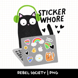 Aufkleber Hure PNG Schnarrige schwarze Katze Sarkastischer Aufkleber Hamsterer Millennial Gen X, Gen Z Trendige psychische Gesundheit Laptop Aufkleber Designs beliebt PNG