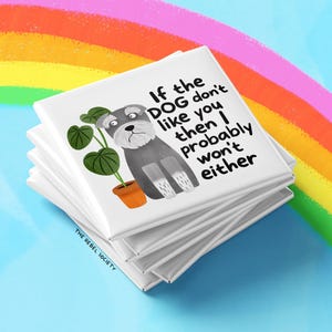 May include: A pile of white square magnets featuring a cartoon dog and the phrase "If the DOG don't like you then I probably won't either." The design includes a gray dog, a potted plant, and a rainbow background.