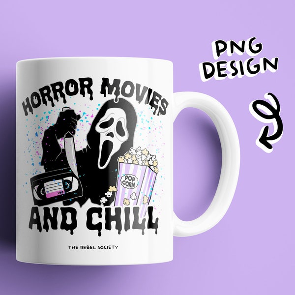 Horror Movies and Chill PNG, Horror Junkie Scary Movies Ghost Face Trendy PNG Popular T-shirt/Sticker Design VHS Tape Popcorn, Scream Movie