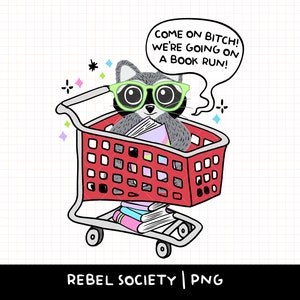Book Run Raccoon Koszyk PNG Trendy Ładny PNG Czytanie Smut PNG Naklejka na książkę Projekt koszulki Szop Śmietnik Ogień Śmieciowe Książki Kindle