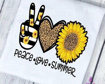 Peace Love Sunshine Shirt, Girl's summer shirt, Leopard Sunflower, beach summer shirt, retro shirt, kids summer shirt, sunflower shirt