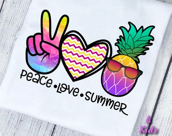 Peace love summer shirt, Girl's summer shirt, pineapple summer shirt, beach summer shirt, retro shirt, kids summer shirt