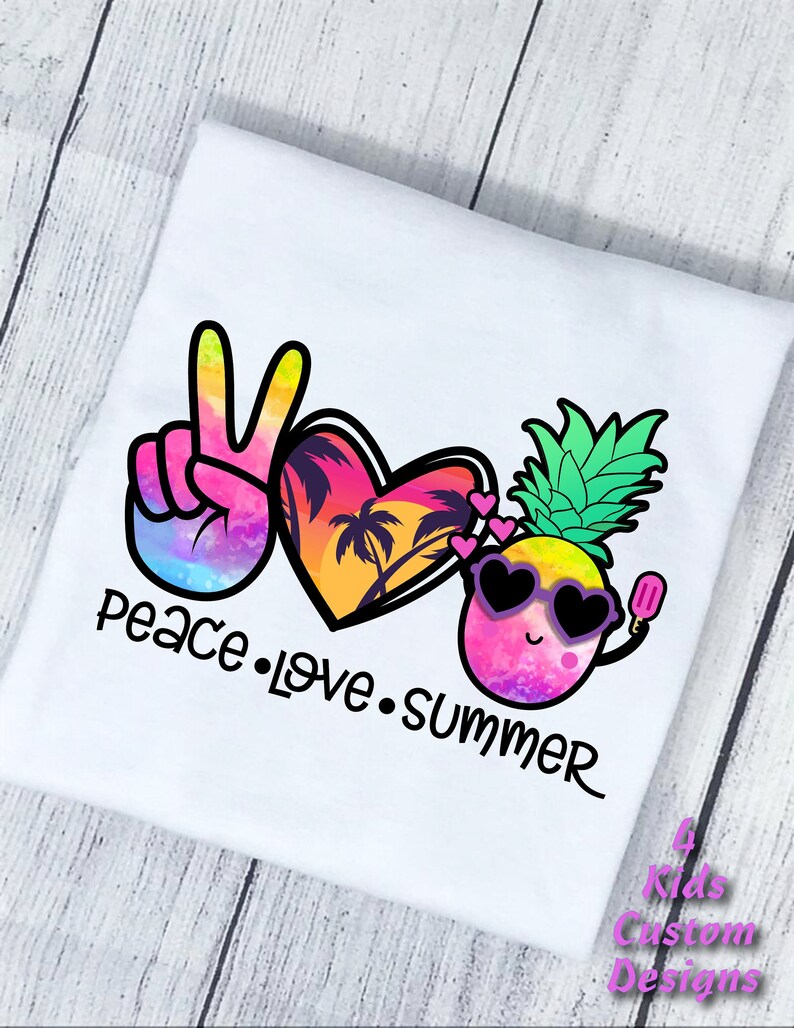 May include: A white t-shirt with a colorful peace sign, heart, and pineapple design. The text "peace.love.summer" is written below the design.