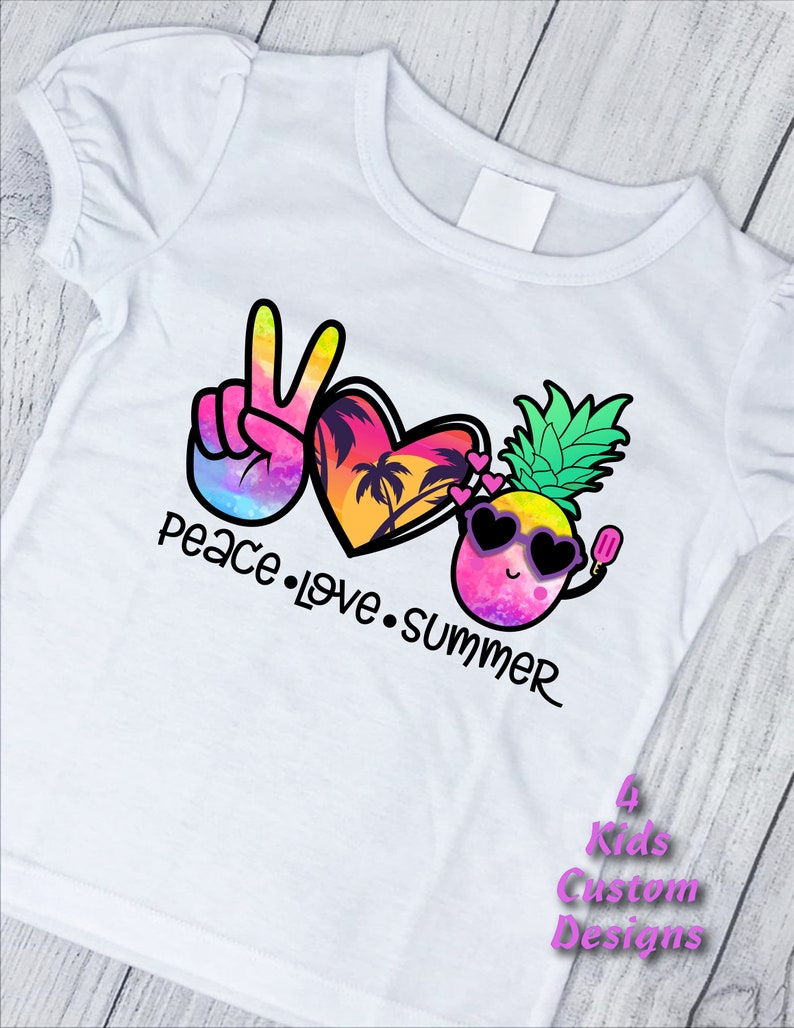May include: White t-shirt with a colorful peace sign, heart, and pineapple design. The text "peace love summer" is written below the design.