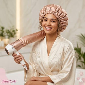 Könnte beinhalten: Eine Frau trägt eine Satin-Haube und einen cremefarbenen Bademantel und hält einen weißen und roségoldenen Haartrockner mit einem Satin-Diffusor-Aufsatz. Der Haartrockner ist mit der Haube verbunden. Der Text "Zohra Curls" ist sichtbar.