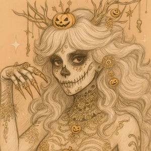 May include: A sepia-toned illustration of a woman with skeleton makeup and long, wavy hair. She wears a pumpkin crown and necklace. Her body is partially skeletal, with intricate floral tattoos on her arms. The artwork has a Halloween theme.