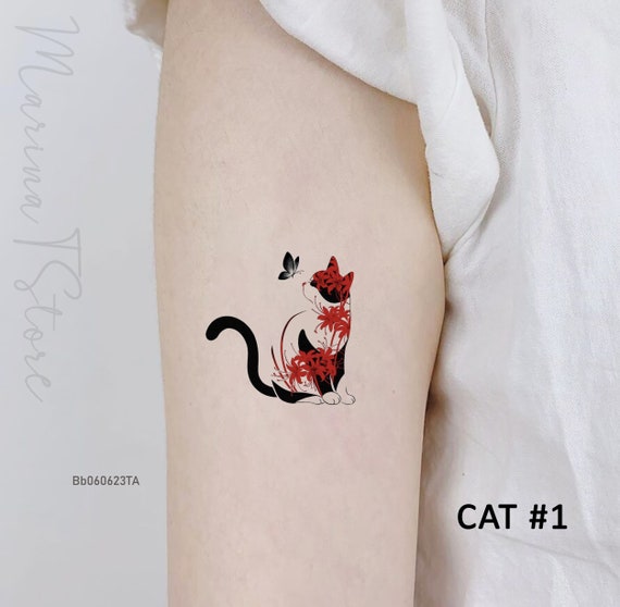Small Cute Cat Temporary Tattoo Ideas Cat and Flower Tattoo - Etsy Finland
