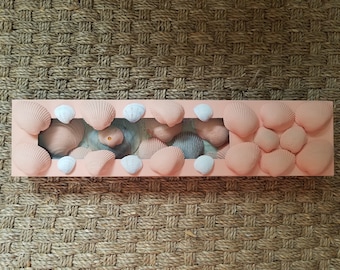 Strand in der Box: Natürliche und Pfirsichfarbene Muscheln innen und Pfirsichfarbene schwarze Box