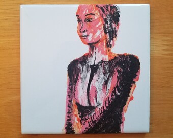 Halloween Malerei einer nachdenklichen Frau in Pink, Orange und Schwarz auf einer 10cm x 10cm großen Fliese