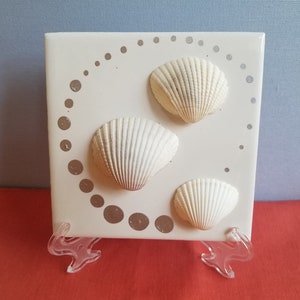 May include: A square, white ceramic tile featuring three white seashells. The tile has a decorative pattern of silver dots and is displayed on a clear plastic stand. The seashells are arranged in a vertical layout.