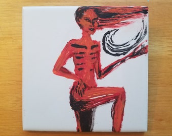 Halloween farbiges Gemälde einer stehenden Frau mit Bein, die sich in Rot und Schwarz auf einer 4 "x 4" -Fliese verstärkt