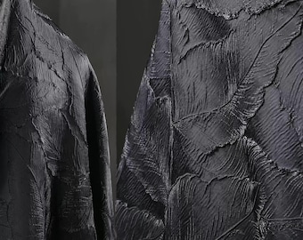 Jacquard Fabric, Black Leaf Fabric, Embossed Fabric, Glossy Fabric, Textured Fabric, Luxurious Fabric, Haute Couture Fabric, By Meter, A8