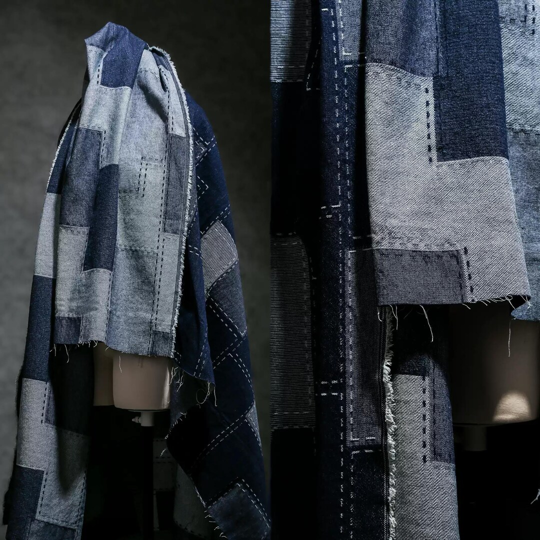 Stiff Pattern Blue and White Fabric, Stitched Fabric, Large Check Pattern, Denim ...