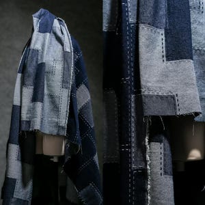 Blått och vitt tyg, sydd tyg, stort rutmönster, jeanstyg, styvt tyg, lapptäckstyg, designertyg, metervara, A271