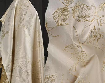 Beige-Gold Jacquard Fabric, Dimensional Fabric, Embossed Fabric, Peony Floral Pattern, Gilded Fabric, Textured Fabric, By The Meter, A122-1