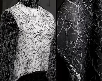 Black Fabric, Pleated Fabric, White Base Blue Lines Fabric, Concave-Convex Crack Fabric, Rubbed Texture Fabric, Runway Fashion Fabric, A52-2