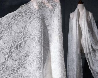 Tela blanca, estampado de rosas en relieve, tela plisada, tela de hilo tencel, tela transparente, tela de encaje, tela de gasa, por metro, A222