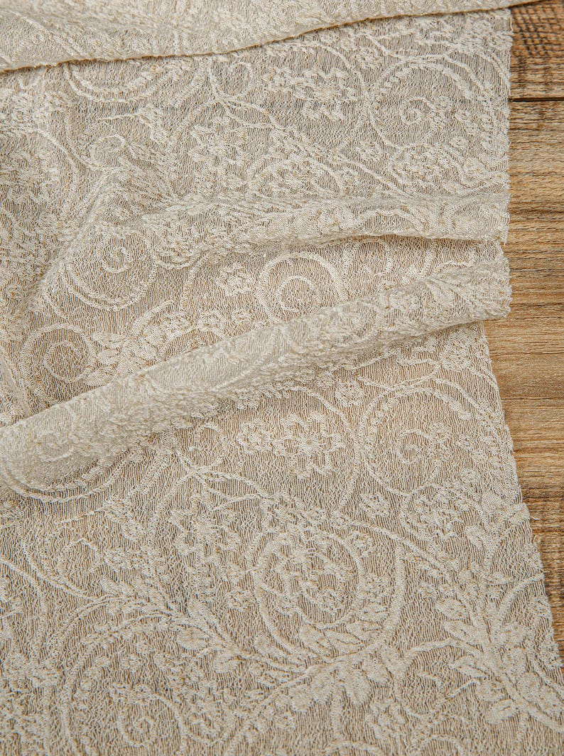May include: Close-up of ivory lace fabric with a detailed floral pattern. The delicate material is draped over a wooden surface, showcasing the intricate design and texture. The lace is a light cream color.