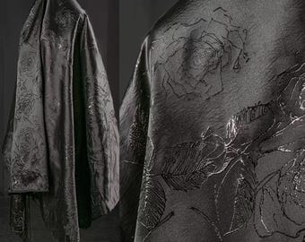 Dimensional Stoff, Schwarz Jacquard Stoff, Geprägter Stoff, Pfingstrose Blumenmuster, Vergoldeter Stoff, Strukturstoff, Meterware, A122-2
