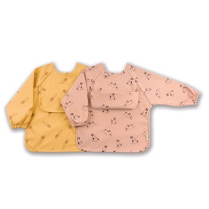 ÜneeQbaby Waterproof Coverall Weaning Bibs - Pack of 2, Long Sleeve, Rabbit and Carrot, Oeko-TEX certified, Chest Pocket