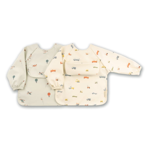 ÜneeQbaby Wasserdichter Overall Weaning Bibs - 2er Pack, Langarm, Autos und Flugzeuge, Oeko-TEX zertifiziert, Brusttasche