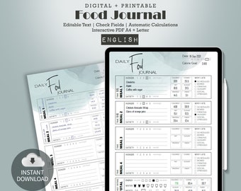 Daily Food Dairy | Digital Fitness Planner | Daily Food Journal | Diet Planner | Meal Tracker | Fitness Planner Printable