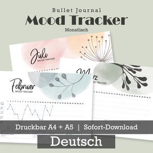 Monthly Mood Tracker Printable, Wellness Planner, Bullet Journal printable A4 A5, productivity planner, German Months