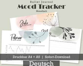 Monthly Mood Tracker Printable, Wellness Planner, Bullet Journal printable A4 A5, productivity planner, German Months