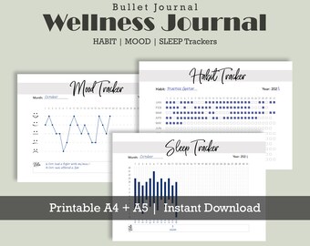 Wellness Journal | self care planner | Monthly Habit Tracker | Monthly Mood Tracker | Sleep Log