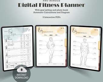 Digital Fitness Planner Bundle | Measurement Tracker Pro | Daily Food Dairy | Weight Loss Chart