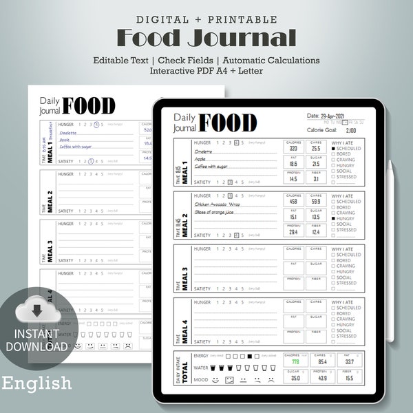Daily Food Dairy | Digital Fitness Planner | Daily Food Journal | Diet Planner | Meal Tracker | Fitness Planner Printable