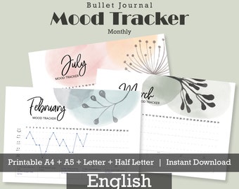 Monthly Mood Tracker Printable, Wellness Planner, Bullet Journal printable A4 A5 Letter, productivity planner