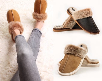 Yeti Handcrafted Men Women Ladies Genuine Shearling Sheepskin Mule Slippers, 100% Fur Lined unique gift christmas present idea size eco Xmas