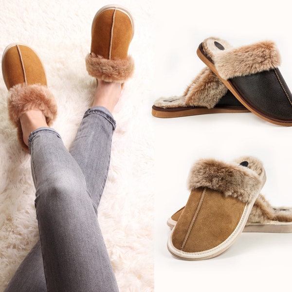 Yeti Handcrafted Men Women Ladies Genuine Shearling Sheepskin Mule Slippers, 100% Fur Lined unique gift christmas present idea size eco Xmas