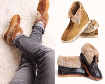 Yeti Fabriqué à la main Hommes Femmes Dames Véritable peau de mouton Zip Boot Pantoufles, 100% Shearling Fur Lined cadeau unique idée de Noël éco Noël pour lui