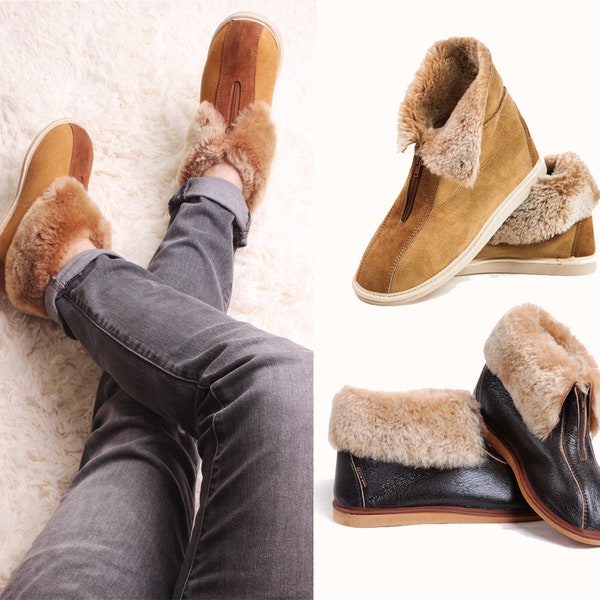 Yeti Hand crafted Men Women Ladies Genuine Sheepskin Zip Boot Slippers, 100% Shearling Fur Lined unique gift christmas idea eco Xmas for him