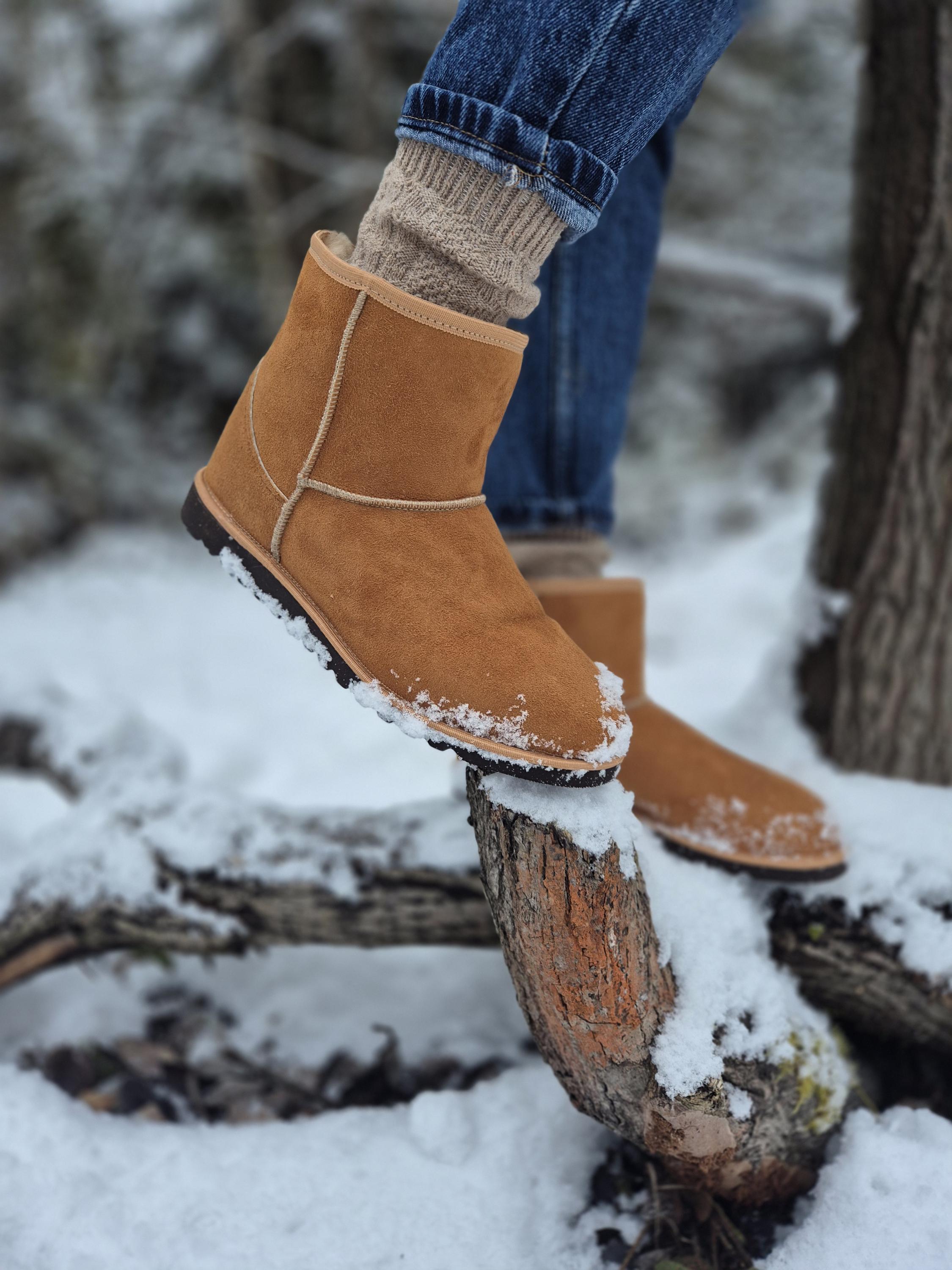 【binary01】Fake Suede Warmer Mid Boots ★2color United Nude Leather Colorblock Pattern Lace-Up Boots - Brown