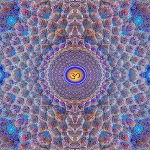 May include: A colorful, intricate mandala pattern with a blue, purple, and orange color scheme. The center of the mandala features a yellow circle with the Om symbol in black.