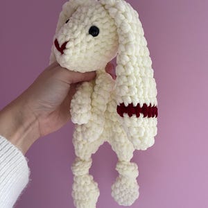 May include: White crocheted bunny with long floppy ears and a red stripe on one ear. The bunny has a small black nose and black eyes.