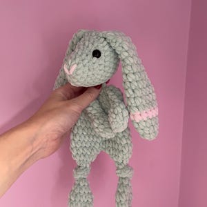 May include: A soft, green crocheted bunny toy with long ears and pink accents. The bunny has black eyes and a white nose.