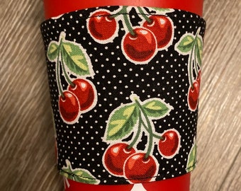 Coffee Sleeve | Reusable | Cup cozy | Reversible Retro Cherry Print | polka dot | Coffee Lover | Cup Sleeve | Great Gift Idea |