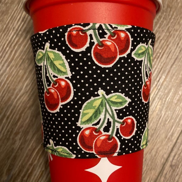 Coffee Sleeve | Reusable | Cup cozy | Reversible Retro Cherry Print | polka dot | Coffee Lover | Cup Sleeve | Great Gift Idea |