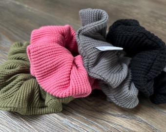 Waffle Knit Hair Scrunchies | Organic Cotton | Pink, Green, Grey & Black | Thermal | Hair Elastics | gift ideas